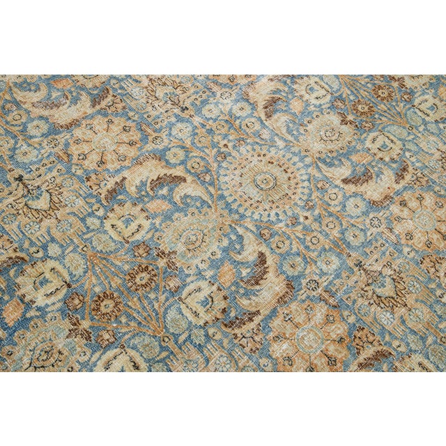Room Size Floral Antique Persian Tabriz Wool Rug in Blue For Sale - Image 9 of 10