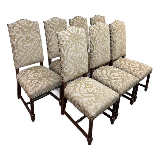 French Louis XIII Style High Back Damask Dining Chairs, Set of Seven For Sale