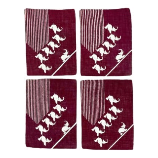 Set of 4 Antique Art Deco Red Elephant Linen Cocktail Napkins For Sale