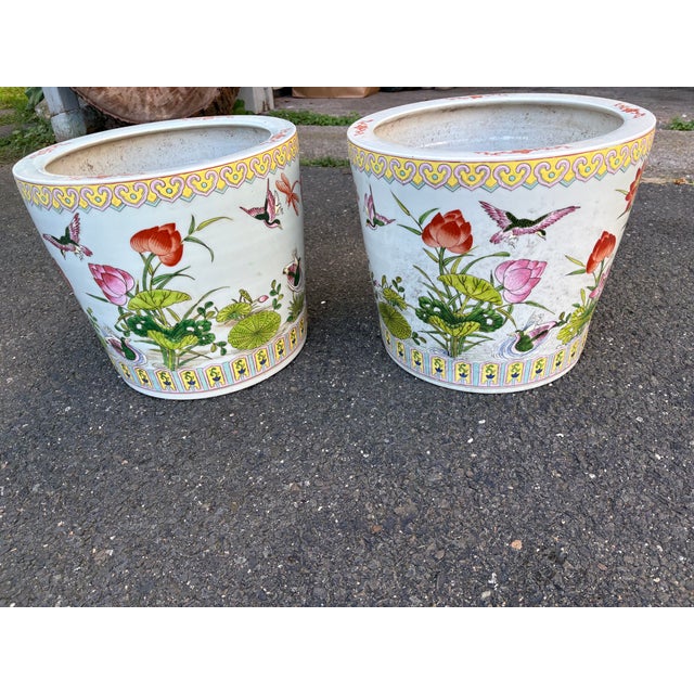 Pair Late 19th Century Famille Rose Lotus Pond Jardinieres For Sale In Boston - Image 6 of 15