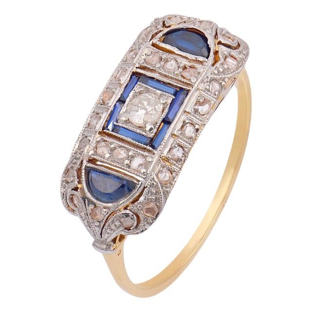 Early 20th Century Edwardian Old Mine Cut Diamond Sapphire 18k Yellow Gold Ring, Size 6.75 For Sale