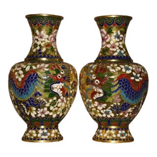 Pair of Vintage Chinese Cloisonné Dragon & Phoenix Vases With Gilded Ground For Sale