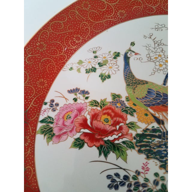 Japanese Vintage Japenese Satsuma Double Peacock & Peony Hand Painted Porcelain Plate For Sale - Image 3 of 6