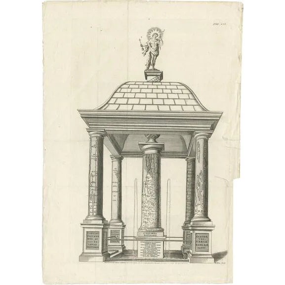 Monumental Design with World Map Pillar Engraving After Volckamer, 1780 For Sale