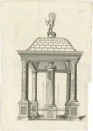 Monumental Design with World Map Pillar Engraving After Volckamer, 1780