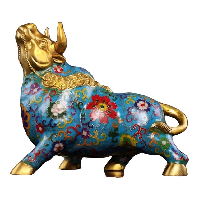 Vintage Cloisonne Enamel Ox Figure – 8.7" Gilt Mythical Bull Sculpture For Sale