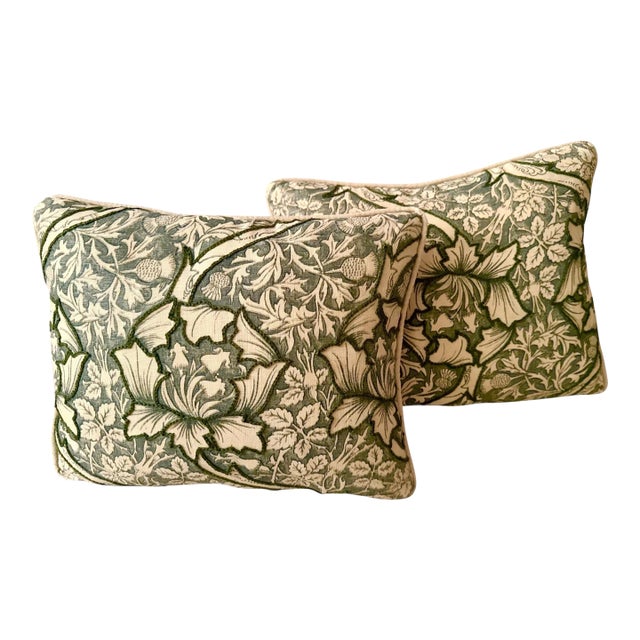 Pair of Small Chelsea Textiles Crewel Embroidered Green Throw Pillows For Sale