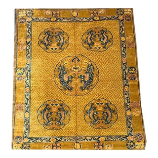 Antique 9' X 12' Gold Ningxia Style Chinese Dragon Pattern Rug For Sale