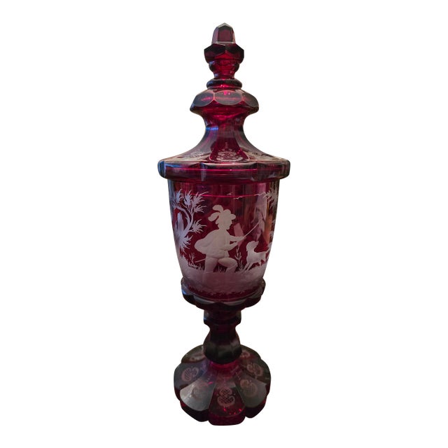 Antique Moser Bohemian Glass Ruby Hunter Pokal Goblet For Sale