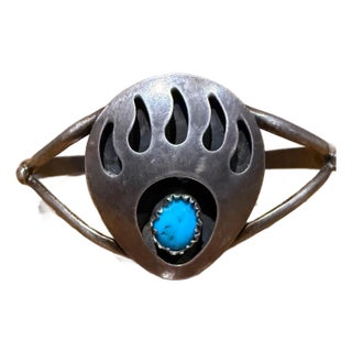 Vintage Native American Navajo Sterling Silver and Turquoise Bear Paw Cuff Bracelet For Sale