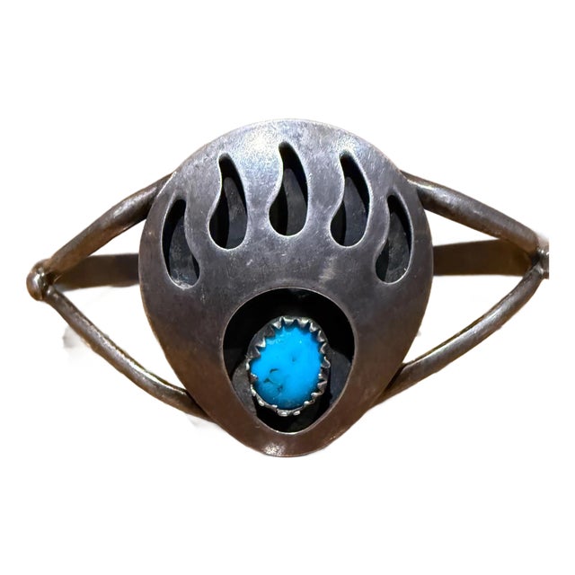 Vintage Native American Navajo Sterling Silver and Turquoise Bear Paw Cuff Bracelet For Sale