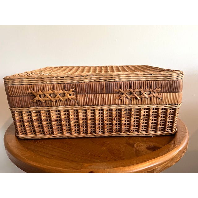 Vintage Wicker Picnic Basket/ Rattan Storage Case With Handles For Sale - Image 11 of 13