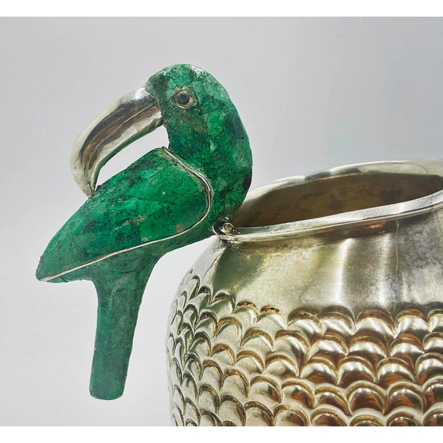 Silver 1960s Los Fajardo Taxco Toucan Pitcher Malachite Silver Plate For Sale - Image 8 of 18