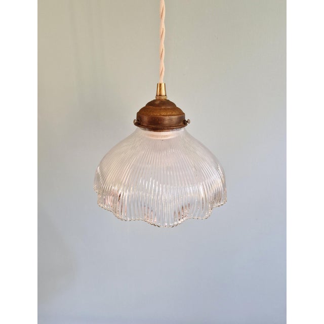 Metal Holophane Pendant Light in Clear Grooved Glass, 1920s For Sale - Image 7 of 10
