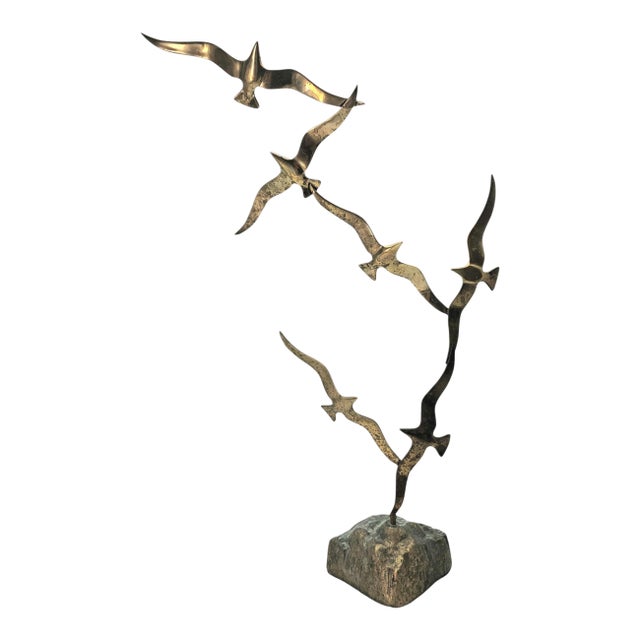 Modernist Brass Seagull Sculpture, Abstract Birds in Flight For Sale