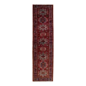 1960s Vintage Persian Heriz Handmade Red Medallion Wool Runner