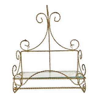 Vintage Hollywood Regency Italian Gilt Rope Wall Shelf Towel Bar With Glass Shelf For Sale