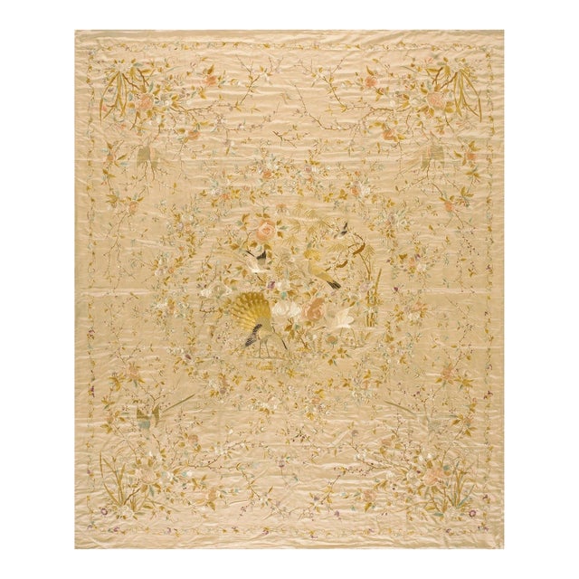 Elegant Ivory Ground With Stylized Floral Design Antique Chinese Silk Embroidery For Sale