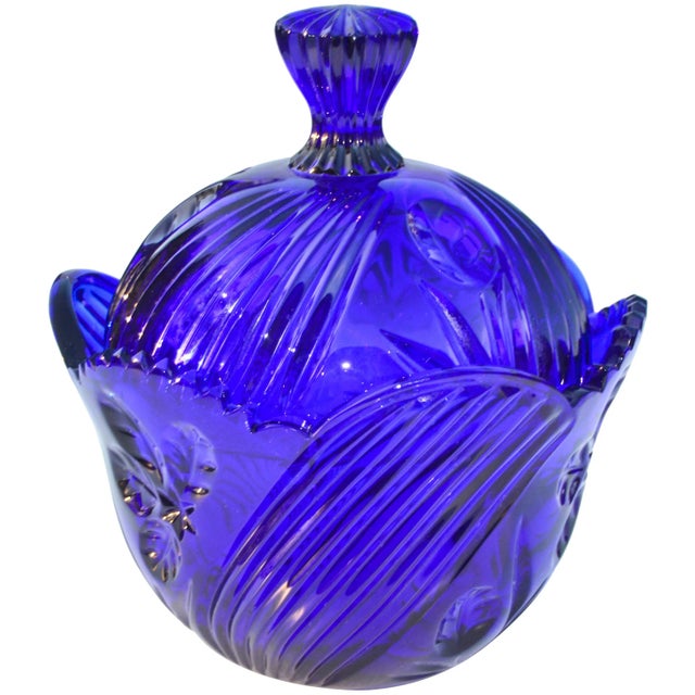 Art Deco Mid 20th Century Blue Crystal-Cut Lidded Bowl For Sale - Image 3 of 5