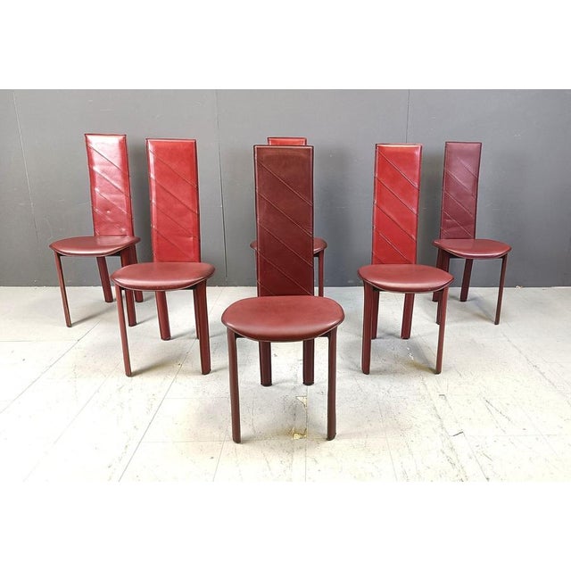 Vintage Italian Red Leather High Back Dining Chairs, 1980s, Set of 6 For Sale - Image 3 of 13