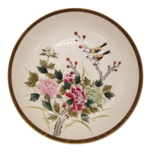 1970s Kutani Porcelain Bowl Chrysanthemum Avian Decor