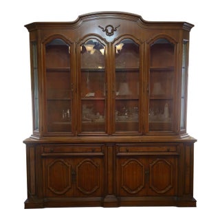 1970s Provincial Walnut Lighted Breakfront China Cabinet - 2 Pieces For Sale