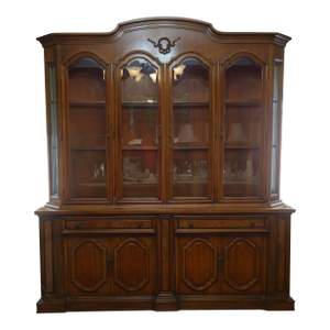 1970s Provincial Walnut Lighted Breakfront China Cabinet - 2 Pieces
