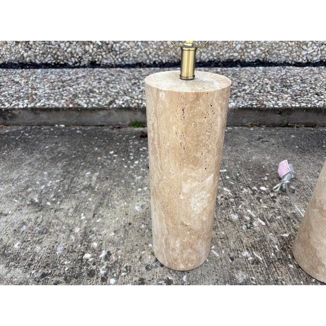 Philippe Barbier 1970s Italian Modern Travertine Cylinder Lamps - a Pair For Sale - Image 4 of 9