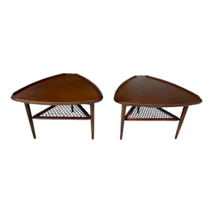 Poul Jensen for Selig Walnut and Woven Cane Guitar Pick Tables, Pair