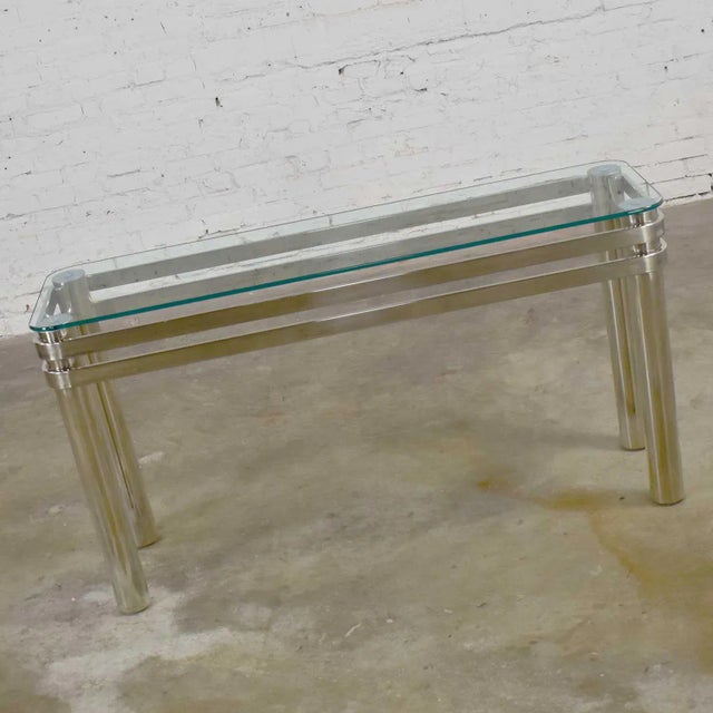 Modern Modern Console Sofa Table Chrome Rectangle With Glass Top Style of Pace or Karl Springer For Sale - Image 3 of 13