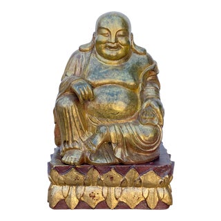 Chinese Rustic Distressed Golden Paint Happy Laughing Buddha Statue For Sale