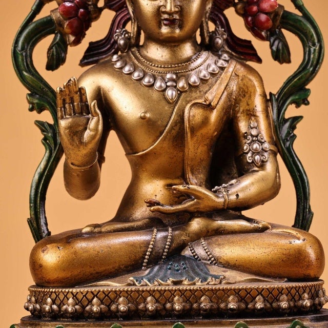 Vintage Gilt Bronze Seated Buddha Statue With Polychrome Accents and Figural Base For Sale In Los Angeles - Image 6 of 9