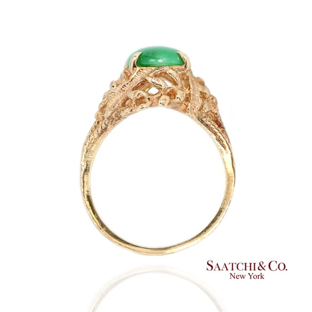 Mid 20th Century 14k Jade Ring Womens Size 6.25 Vintage Yellow Gold Cabochon Style For Sale - Image 4 of 10