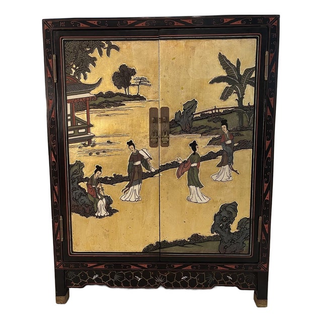 Vintage Mid-Century Chinese Black and Gold Lacquer Cabinet With Mother of Pearl Inlays For Sale