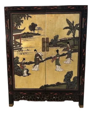 Vintage Mid-Century Chinese Black and Gold Lacquer Cabinet With Mother of Pearl Inlays