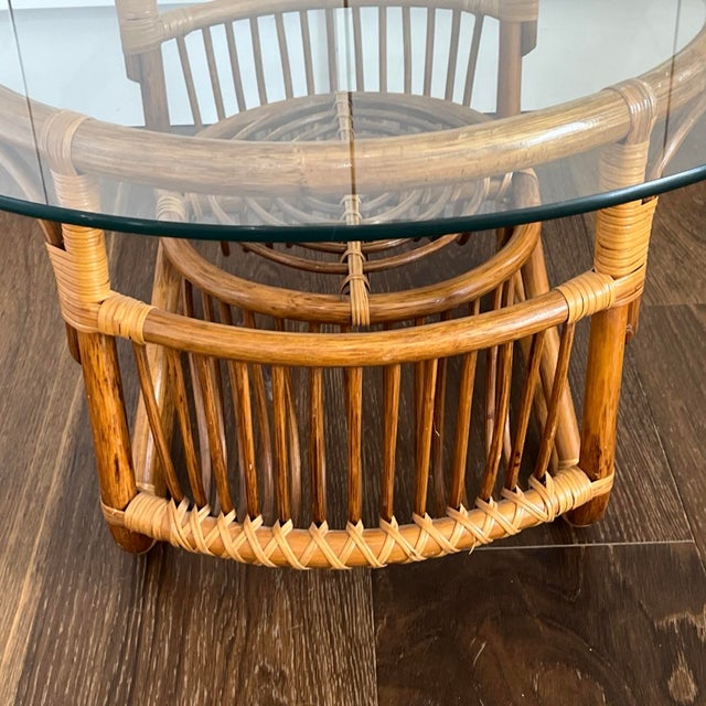 Vintage MCM Rattan Coffee Table 30" Round Glass Top Franco Albini Style Boho For Sale - Image 10 of 12
