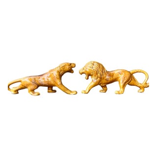 Vintage Boho Glazed Ceramic Lions - Set of 2 For Sale