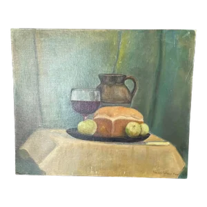 Mid 20th Century "Wine, Bread, and Fruit” Realist Still Life Original Signed Oil Painting