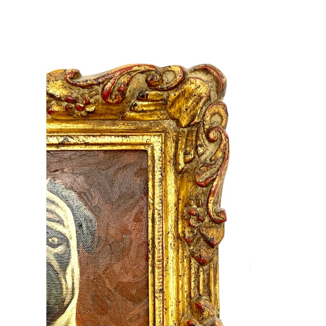 Vintage Painting Pug Dog Oil on Canvas in Golden Leaf Frame For Sale - Image 4 of 6