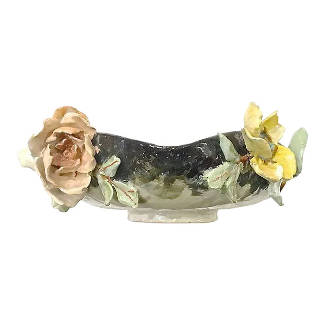 Antique French Barbotine Majolica Floral Bowl For Sale