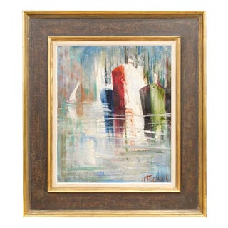Boats in the Harbor, Oil on Canvas, 20th Century For Sale