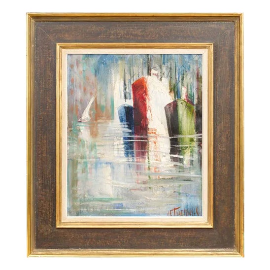 Boats in the Harbor, Oil on Canvas, 20th Century For Sale