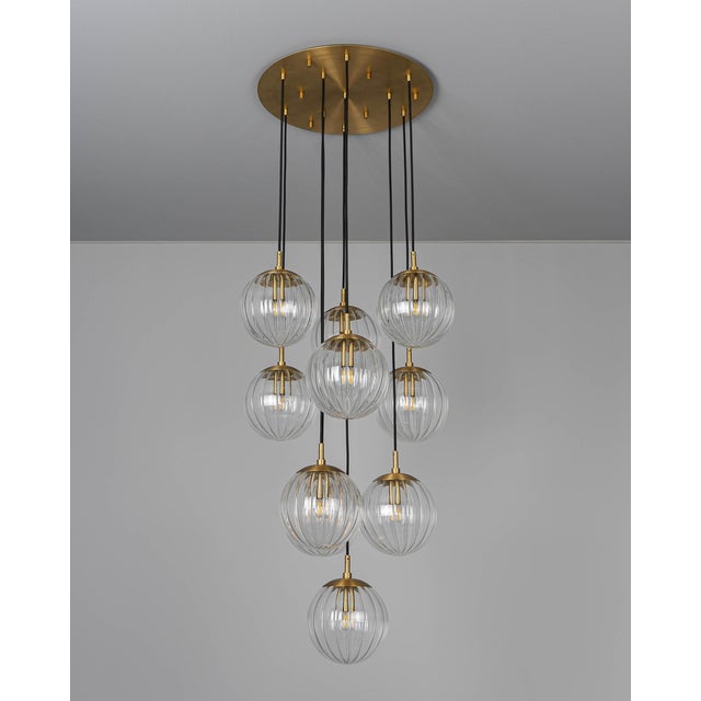 Brass & Glass Globe Cluster Chandelier, 10-Light Cascading Pendant by Schwung For Sale - Image 9 of 12