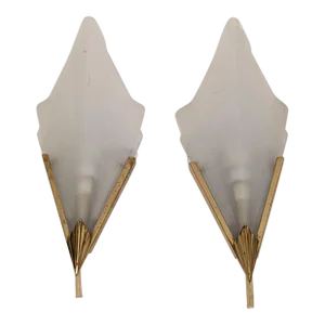 Art Deco Style Triangle Glass Brass Wall Lights Sconces, Sweden, 1980s, Set of 2