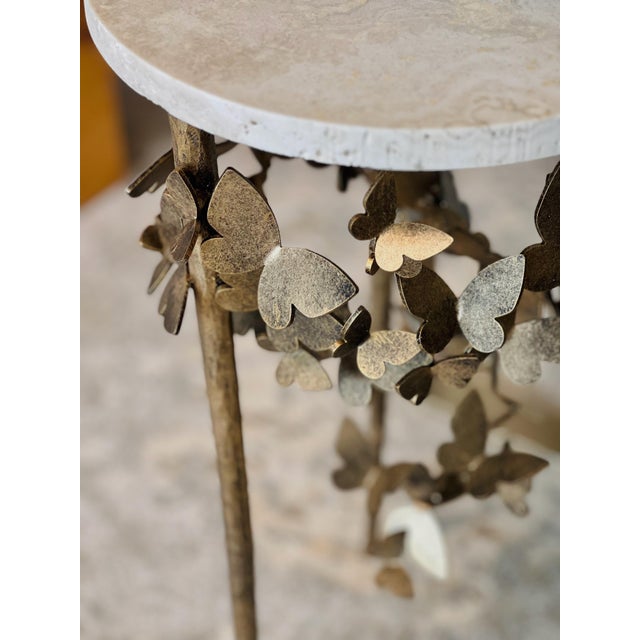 Contemporary Aged Gold Butterfly Accent Table Travertine For Sale - Image 3 of 4