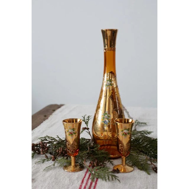 Mid-Century Modern Vintage Hand-Painted Decanter & Glasses - Set of 3 For Sale - Image 3 of 6
