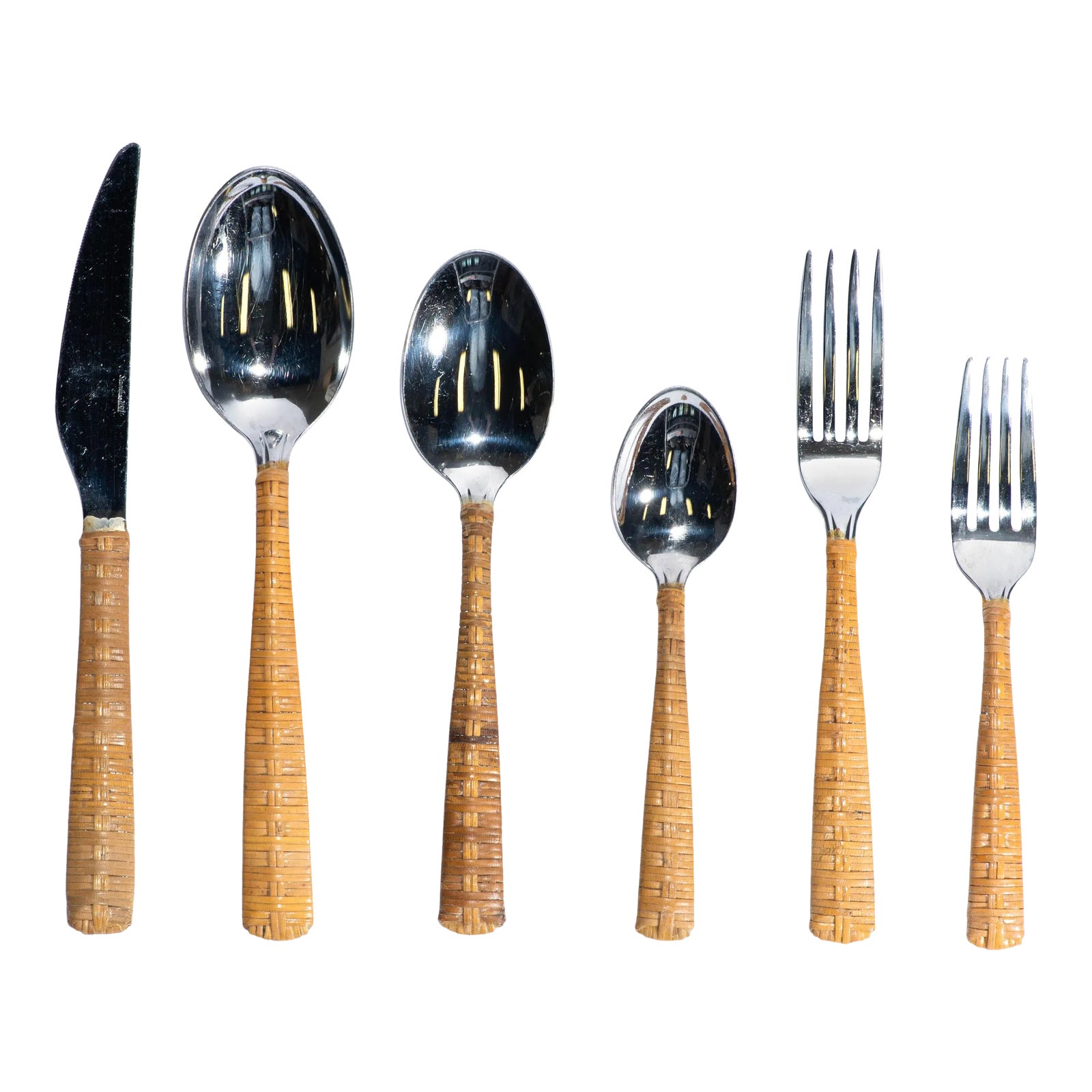 Vintage Mid-Century Cane Wrapped Flatware Set | Chairish