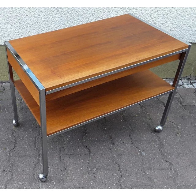 Brown Vintage Table on Wheels with Chromed Steel Tube Frame, Teak Veneer Shelves and Drawers, 1970s For Sale - Image 8 of 9