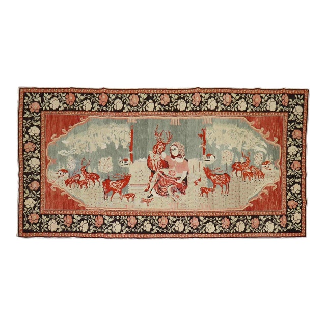 Late 20th Century Pictorial Reindeer Karabagh Rug For Sale
