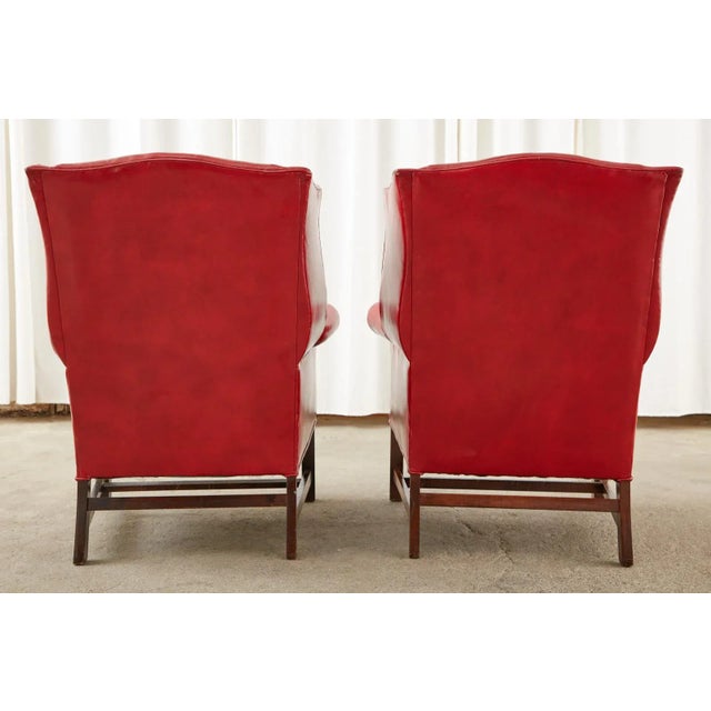 English Georgian Style Ruby Red Leather Wingback Chairs - a Pair For Sale - Image 12 of 13